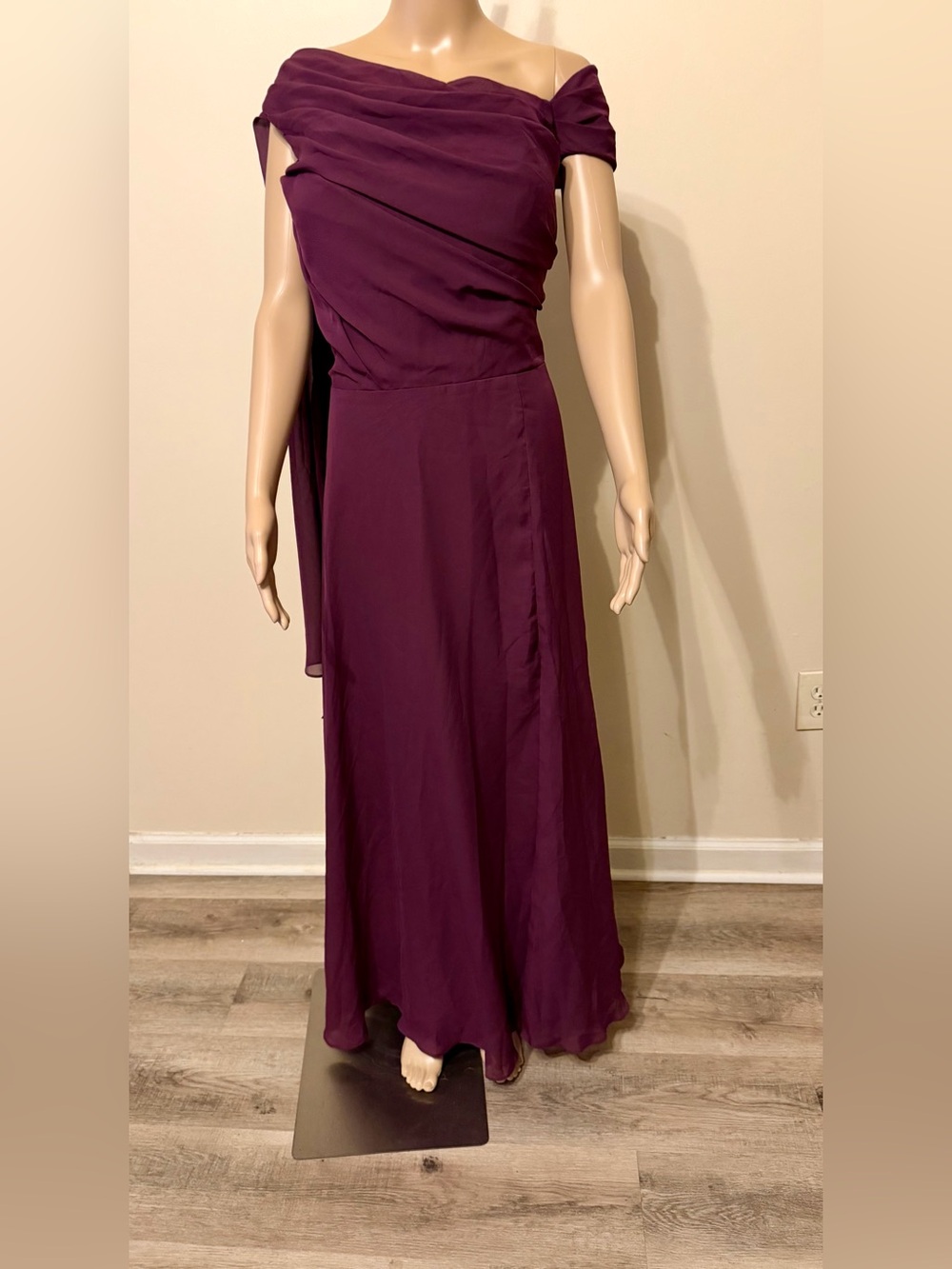 Off-Shoulder Maxi Evening Gown in Deep Plum